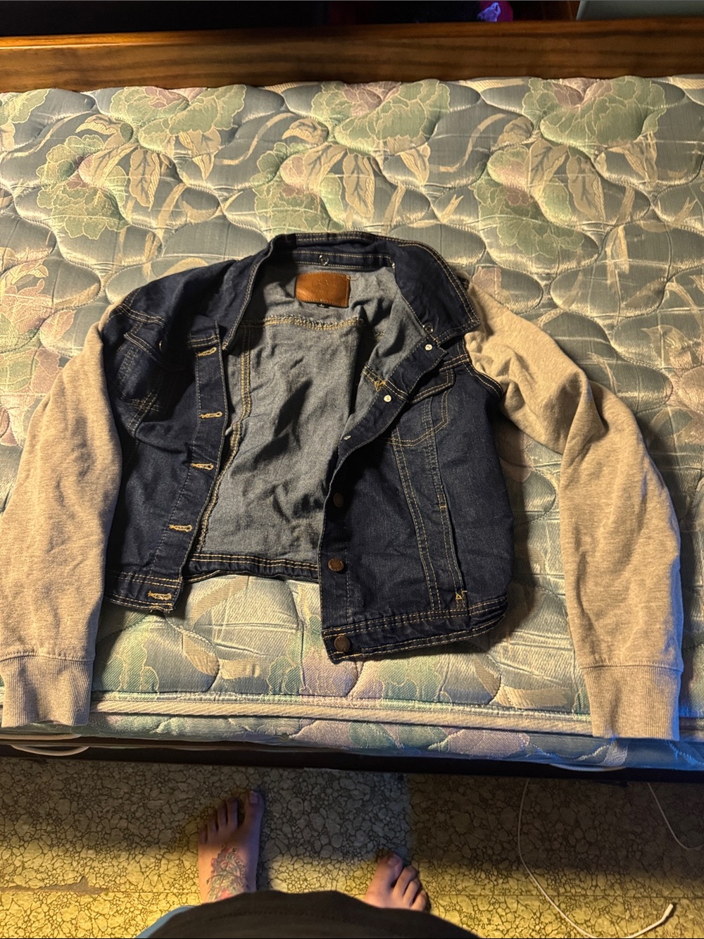 Men's Denim Bomber Jacket with Light Gray Sweatshirt Sleeves